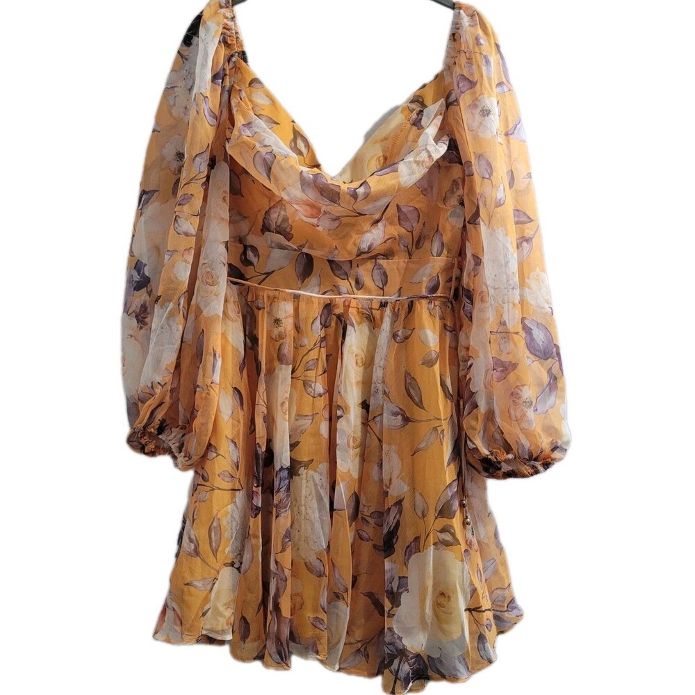 Sage + Paige Sugar & Spice Mini Dress Yellow Floral Puff Sleeve Babydoll Boho M